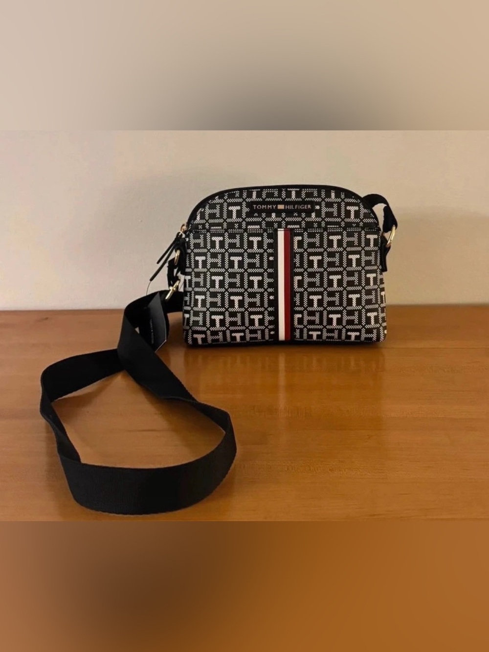 Tommy Hilfiger Logo Crossbody Bag Black Monogram Stripe NWT